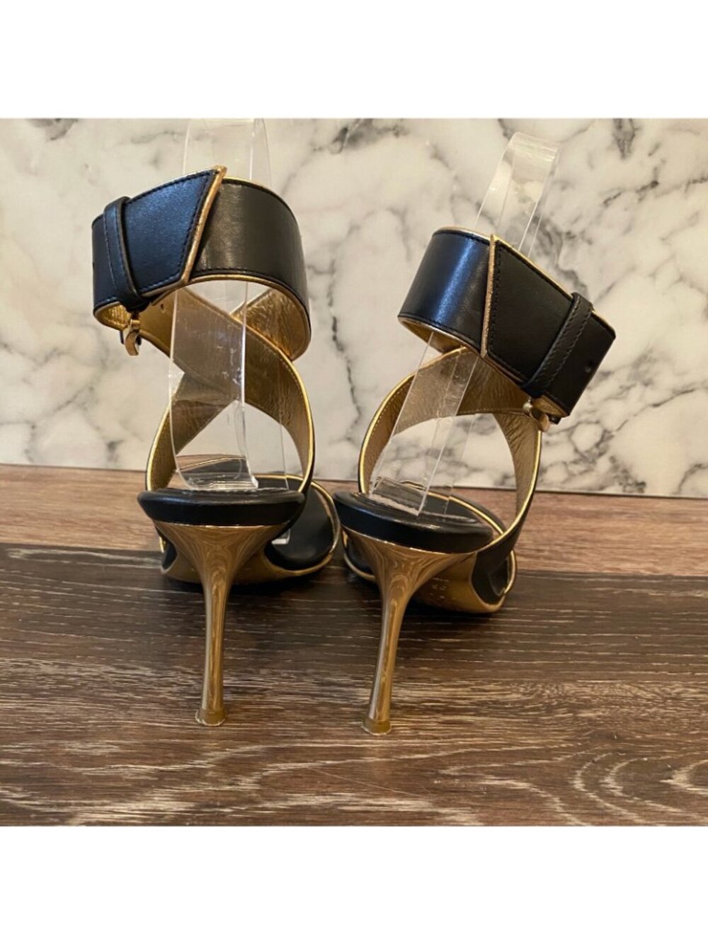 CELINE Black Calfskin Leather & Gold Trim Criss-Cross Open Toe Sandals - US 5 - Picture 6 of 12